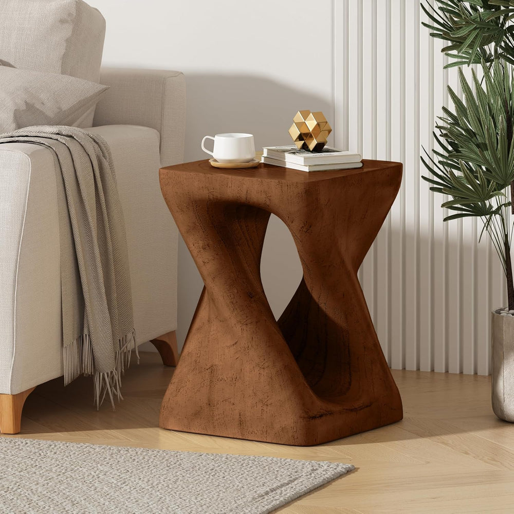 Twist Shape Side Table, Wood-Like Texture, Antique Brown Color