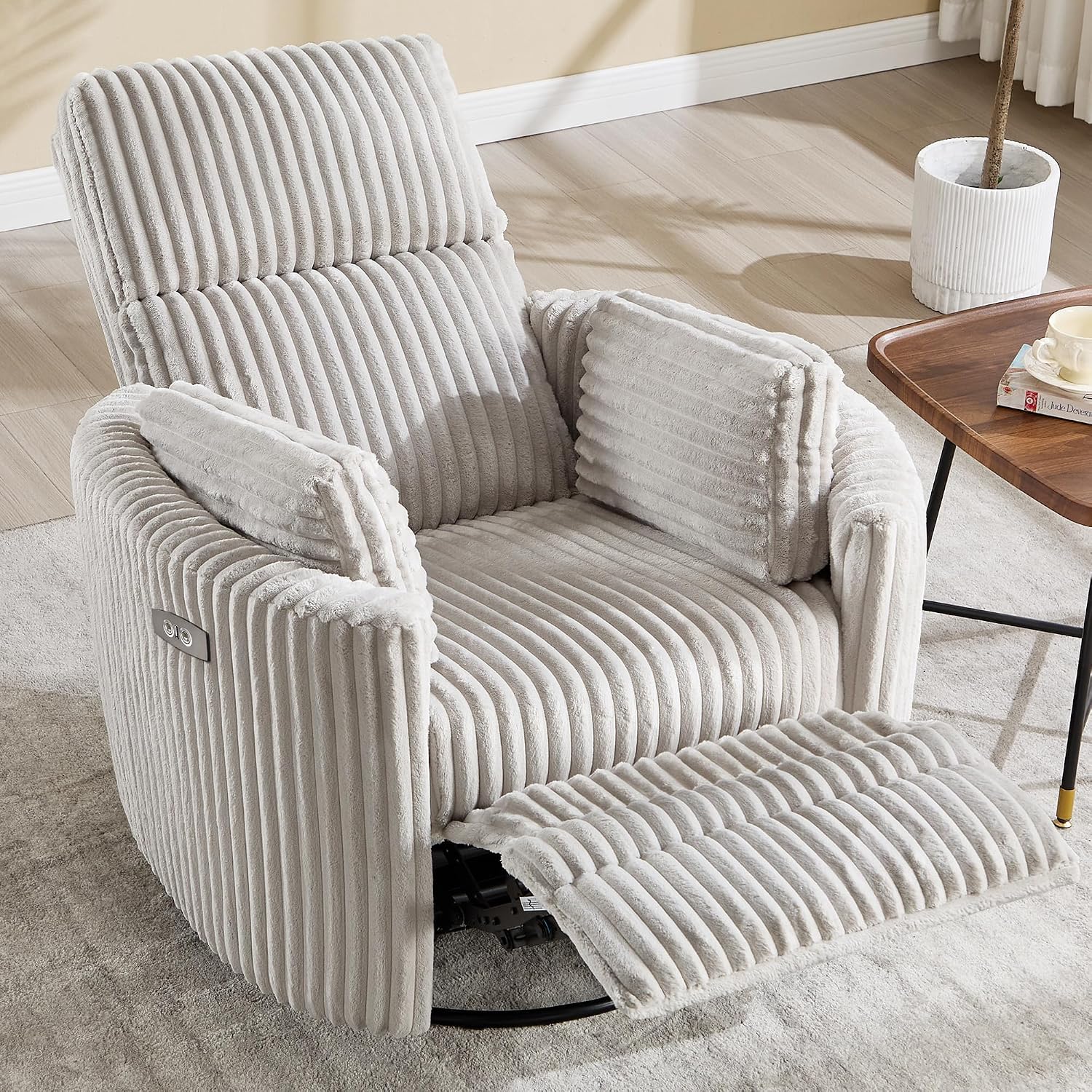 Power Recliner,Nursery Swivel Glider Rocking Chair with USB Port,Upholstered Adult Electric Recliner Rocking Chair with 2 Pillows for Living Room Bedroom(Lightgrey Corduroy, Power-Driven)