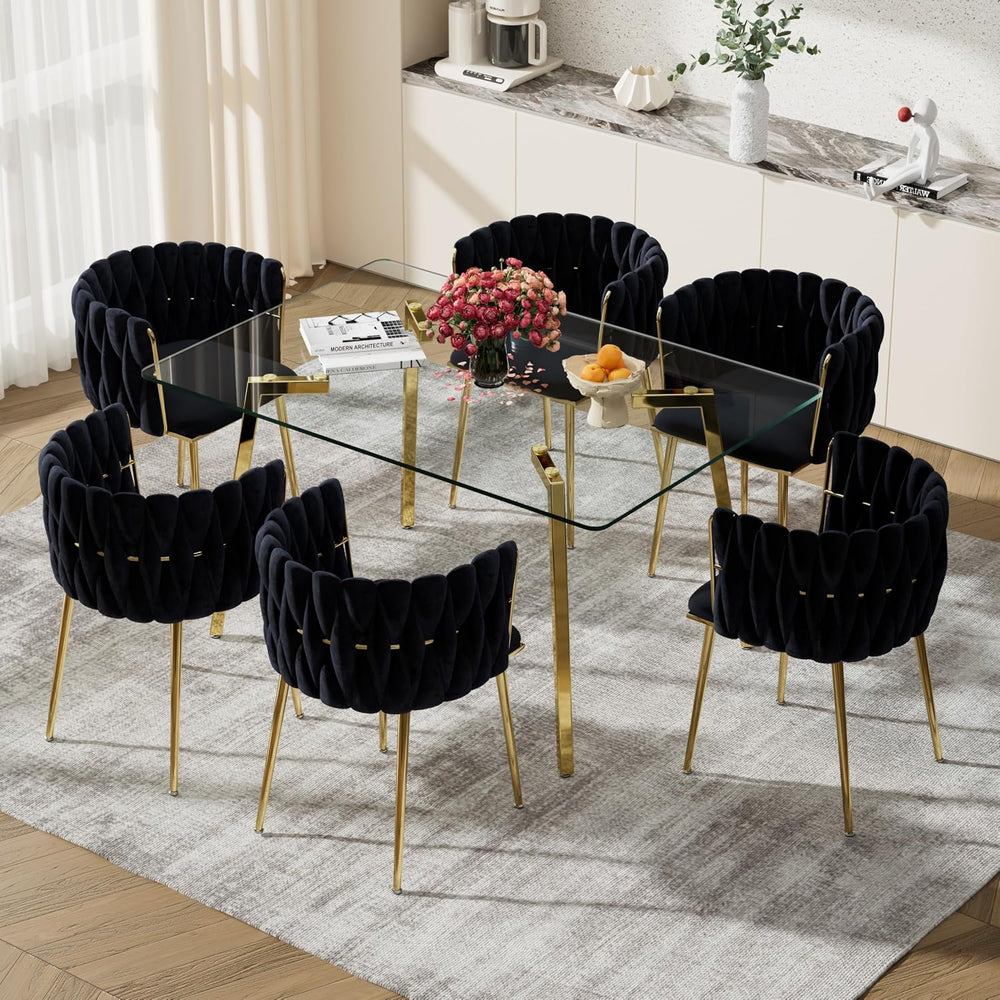 Modern Gold Glass Dining Table Set for 6, 51'' Clear Minimalist Glass...