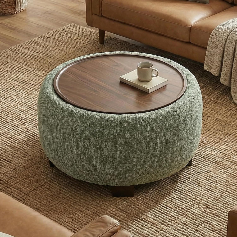 VKNOW 30 Inch Fabric Round Storage Ottoman with Wood Lift-Off Lid, Green | Mo...