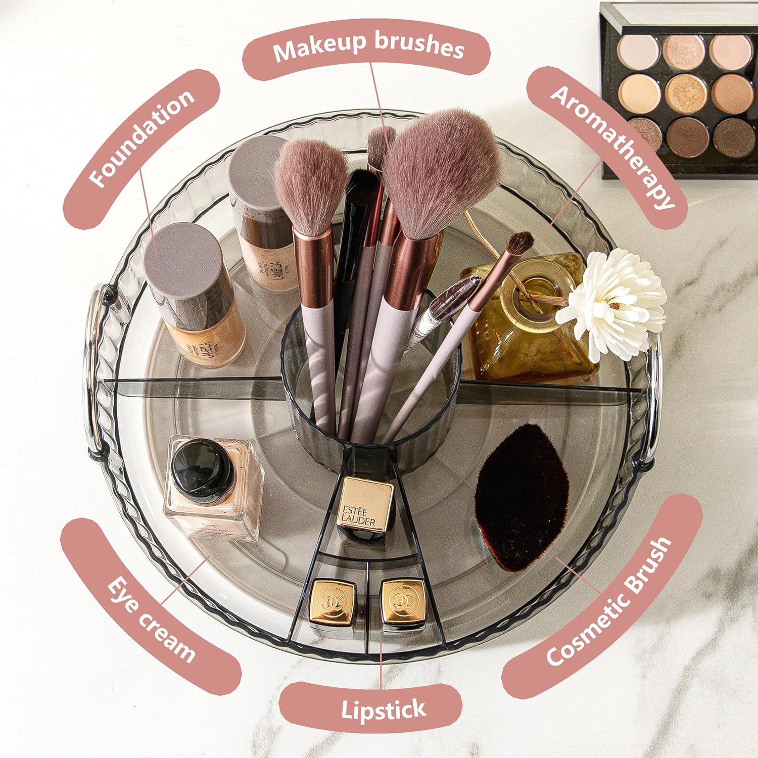 YCIA&DONE Rotating Makeup Organizer for Vanity, Large Capacity Make Up Storage Skin care Shelf Perfume Holders Cosmetic Dresser Organizer Countertop Spinning 360 (Smoky Gray, 1Tier)
