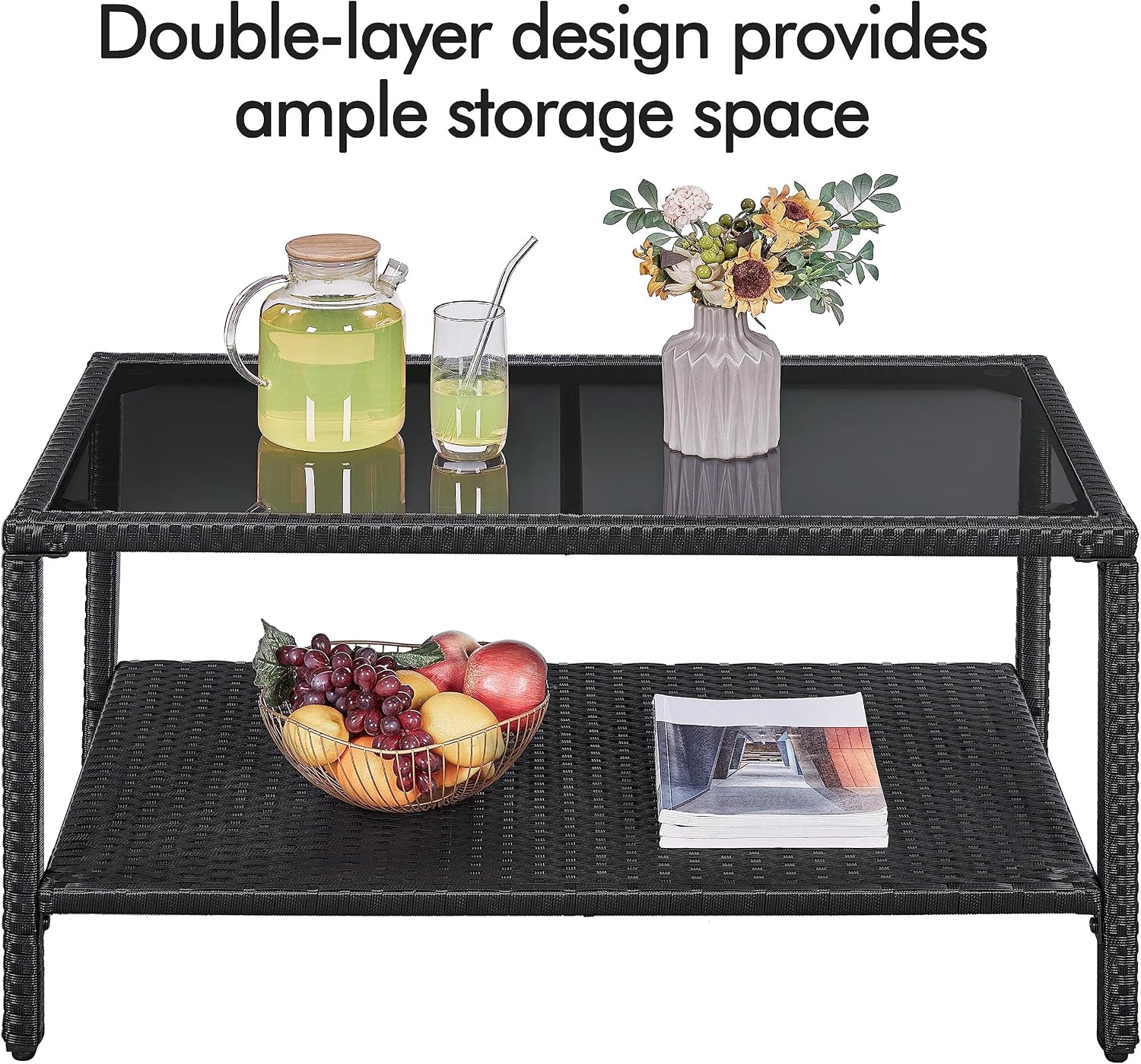 Yaheetech Outdoor Wicker Coffee Side Table with Tempered Glass Top, Black | All-Weather Rattan Patio Storage Furniture for Garden