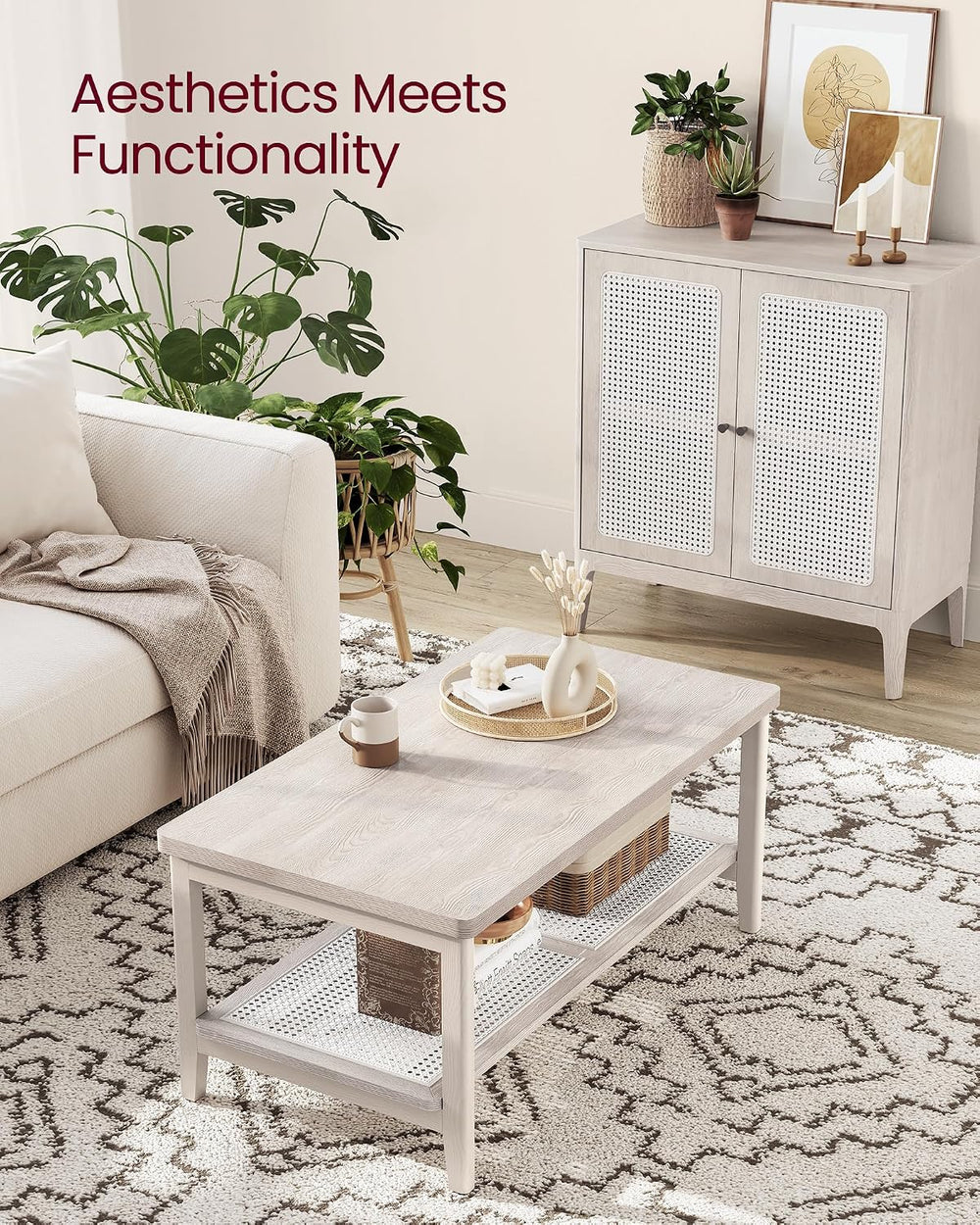 VASAGLE 2-Tier Coffee Table, Rectangular, PE Rattan Shelf, Rounded Corners
