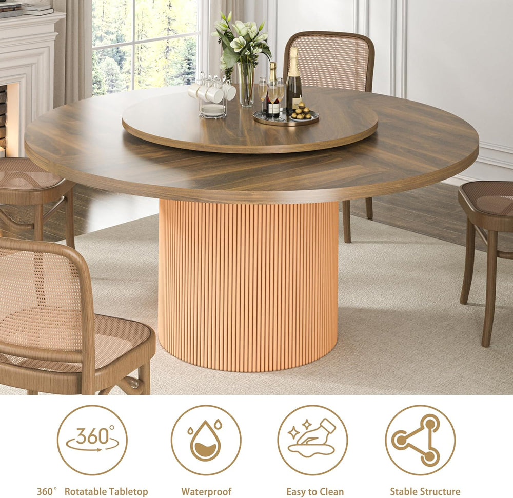 55 Inch Round Dining Table for 6 with Lazy Susan, Modern Farmhouse Kitchen Ta...