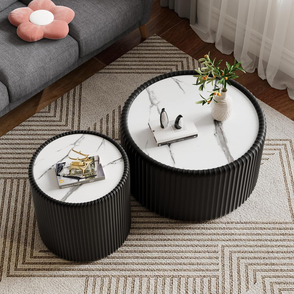 Round Coffee Table Set of 2 with Sintered Stone Top Cylinder-Shape Coffee Sid...
