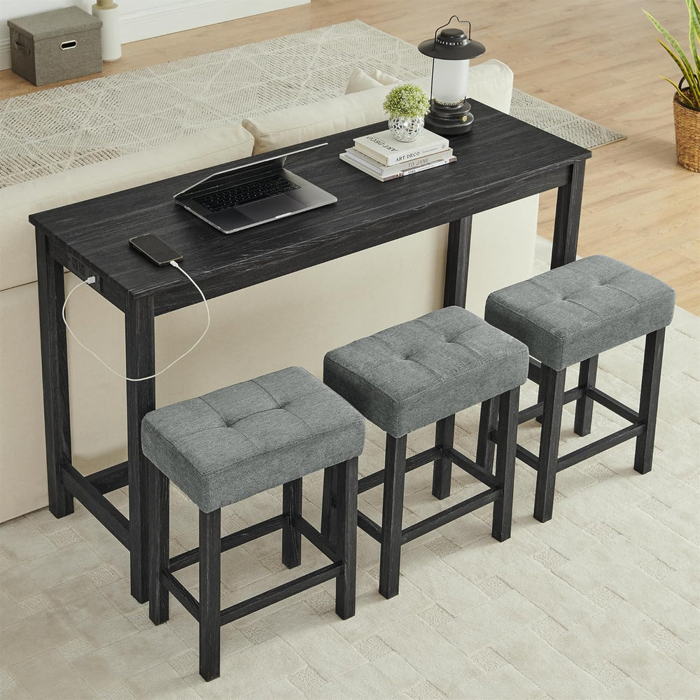 59" Bar Table Set with Power Outlet & 3 Upholstered Stools – 4-Piece...