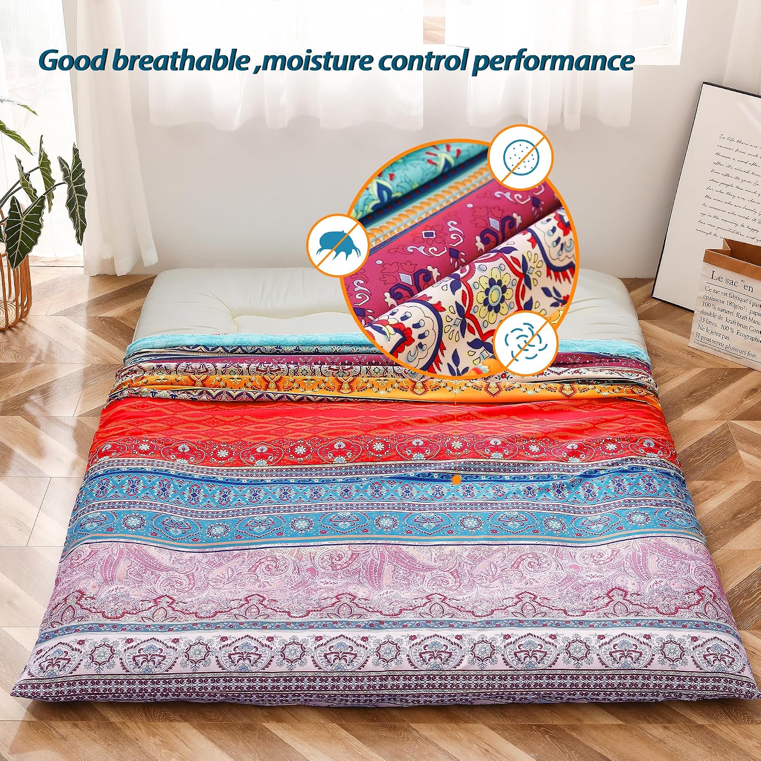 MAXYOYO Mattress Cover for Traditional Japanese Futon Mattress | Futon Floor Mats Cover with Zipper, Super Soft and Machine Washable, Boho Style, Twin