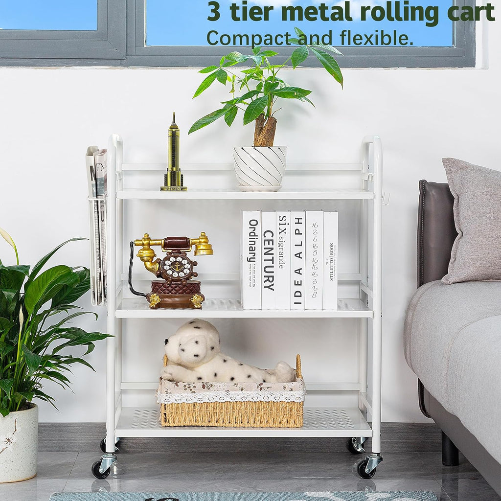 HDANI 3 Tier Metal Mesh Utility Cart,Large Capacity Multipurpose Heavy Vehicle,Rolling Trolley with to Hooks and One Basket(White)