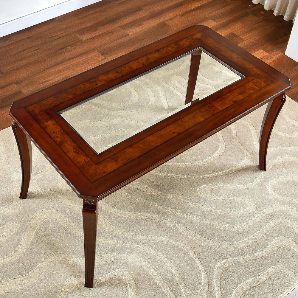 Rectangular Glass Dining Table 59” with Cherry Veneer Frame and Solid Wood Le...