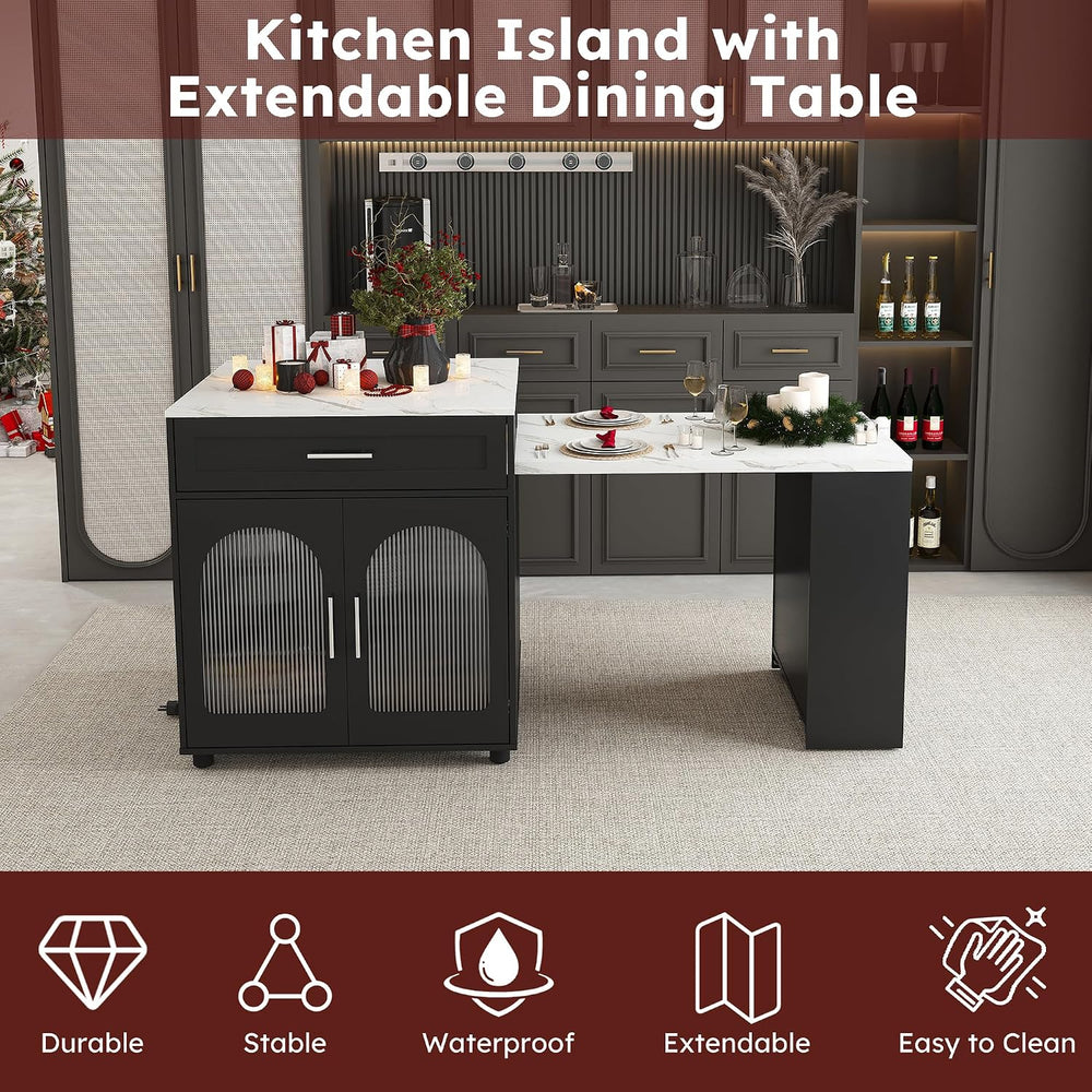 80-inch Expandable Kitchen Island with Dining Table, Marble-Grain Countertop ...