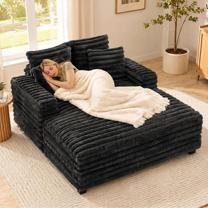 TUNYI Oversized Chaise Lounge Chair Indoor, Faux Fur Upholstered Sofa Bed with Wood Frame, Sleeper Couch Throw Pillow and Armrest for Living Room, Movie Room, Bedroom, Guest Room (Black)