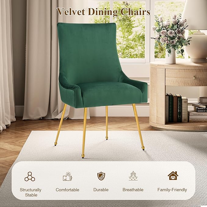 Velvet Dining Chairs Set of 4, Modern Upholstered Kitchen Chair with Pull Handle & Pleated Back, Mid Century Accent Chair with Gold Metal Legs for Vanity,Dining,Kitchen,Living Room, Green