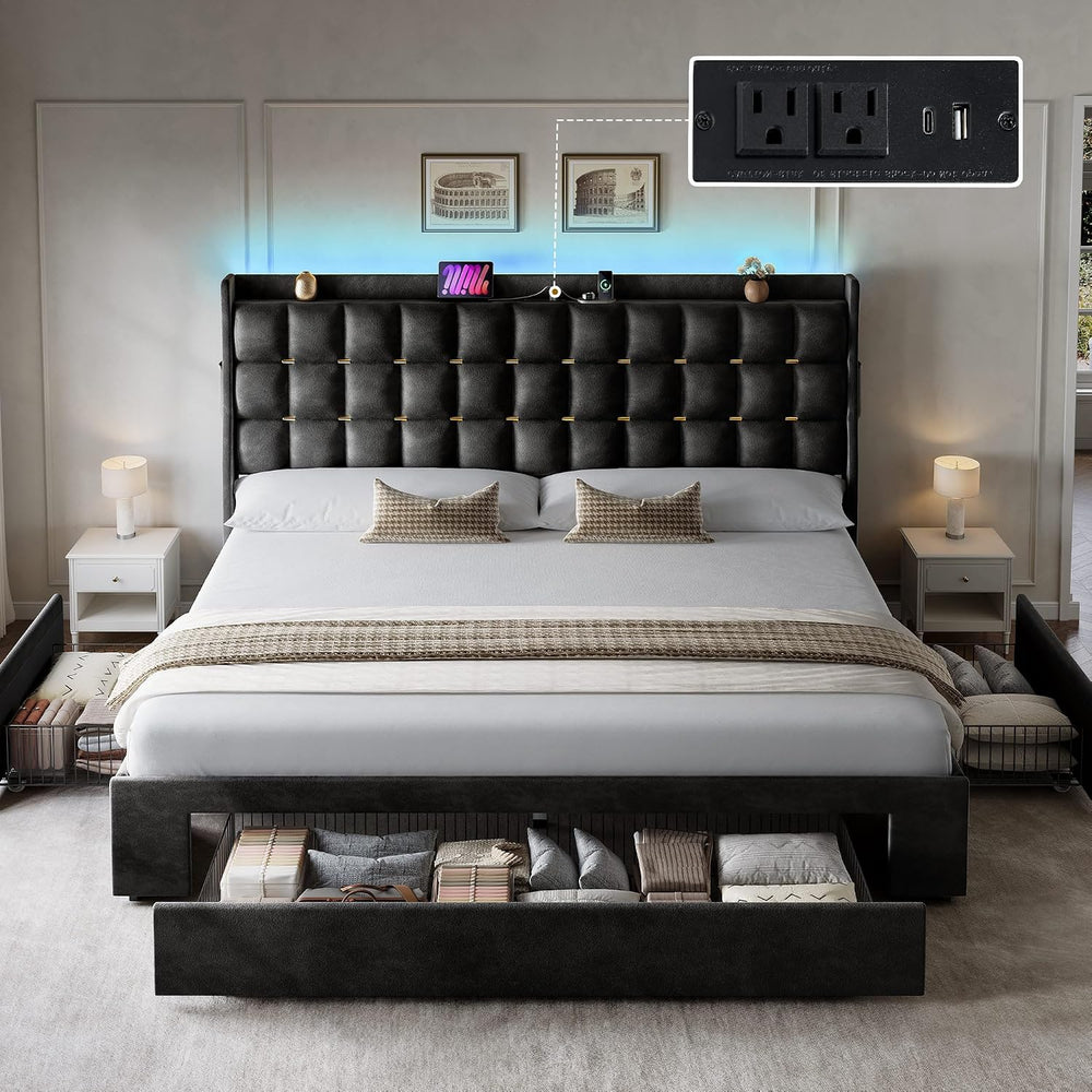 YITAHOME King Size Bed Frame with 3 Storage Drawers and LED Lights, Black