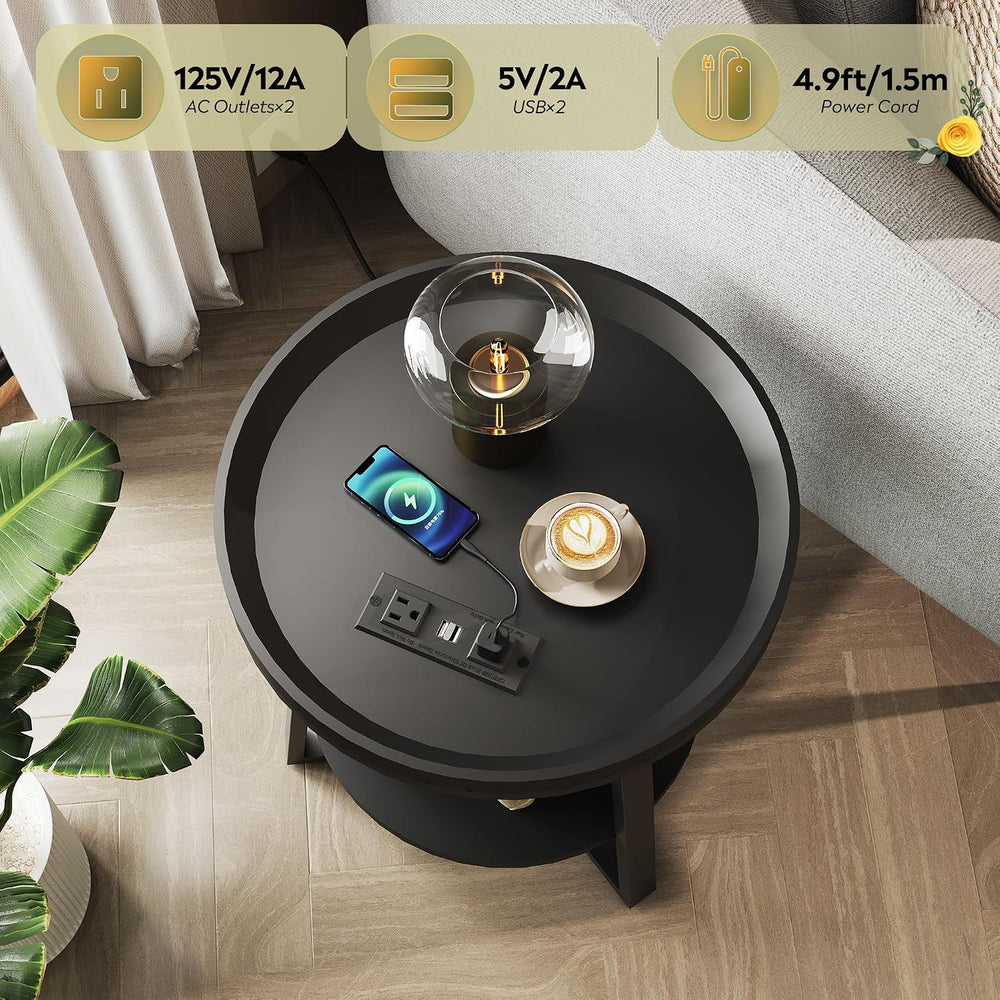 WLIVE Small Round Side Table with Charging Station, Round Coffee Table, 2 Tie...
