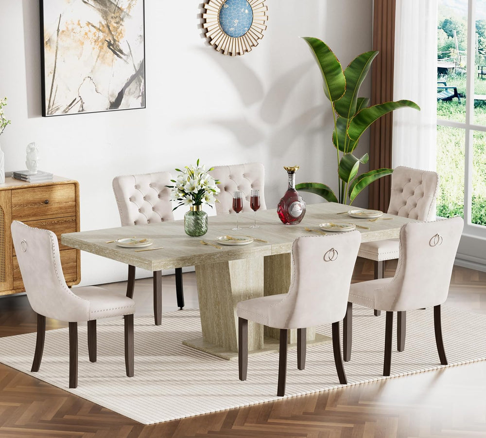 Modern Extendable Dining Table Set for 6, 78.74" Faux Travertine Expanda...