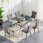 7 Piece Modern Glass Dining Table Set for 6, 60" Rectanguler Glass Kitchen Table and Velvet Tufted Chairs Set of 6, Space-Saving Kitchen Dining Room Table Set 6 for Dinette Breakfast, Silver-Grey