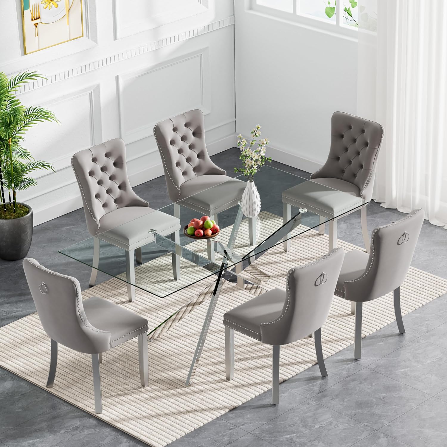 7 Piece Modern Glass Dining Table Set for 6, 60" Rectanguler Glass Kitchen Table and Velvet Tufted Chairs Set of 6, Space-Saving Kitchen Dining Room Table Set 6 for Dinette Breakfast, Silver-Grey