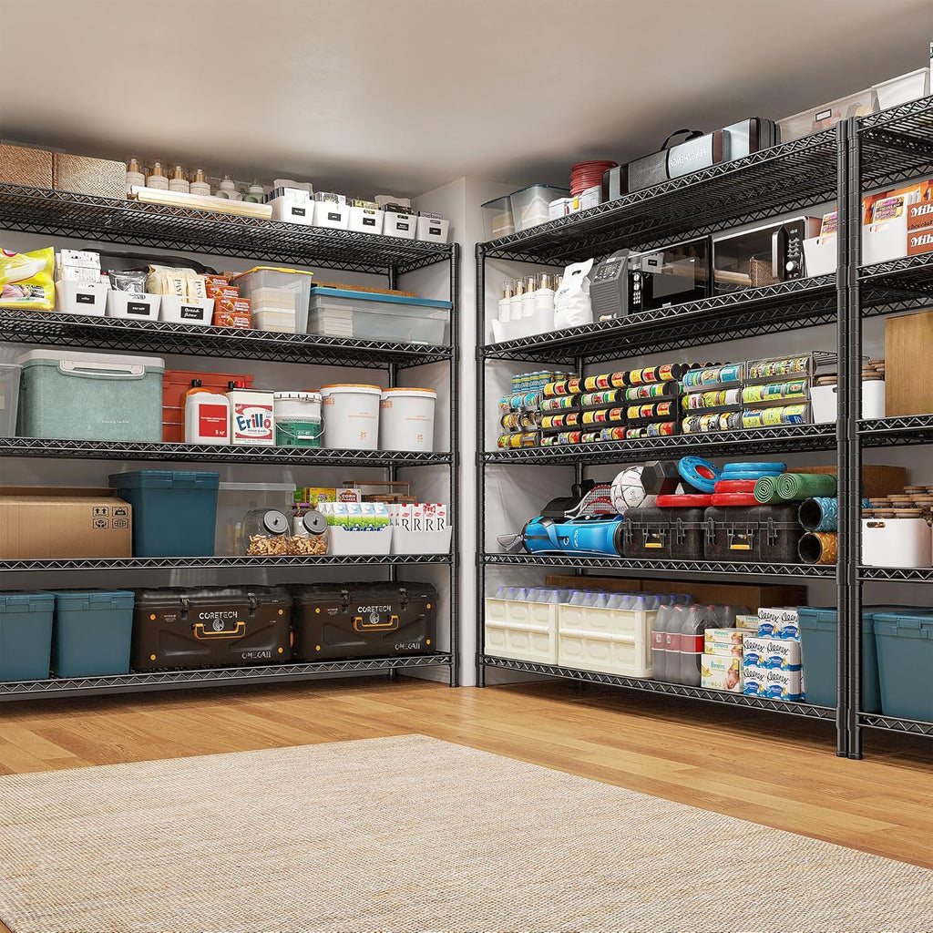 REIBII 85.7"H Garage Shelving 2998LBS Storage Shelves with Wheels&Feet,5 Tier Garage Shelves Heavy Duty Adjustable Wire Shelving for Basement Commercial Industrial Pantry, 85.7"H X 55.5"W X 24.2"D