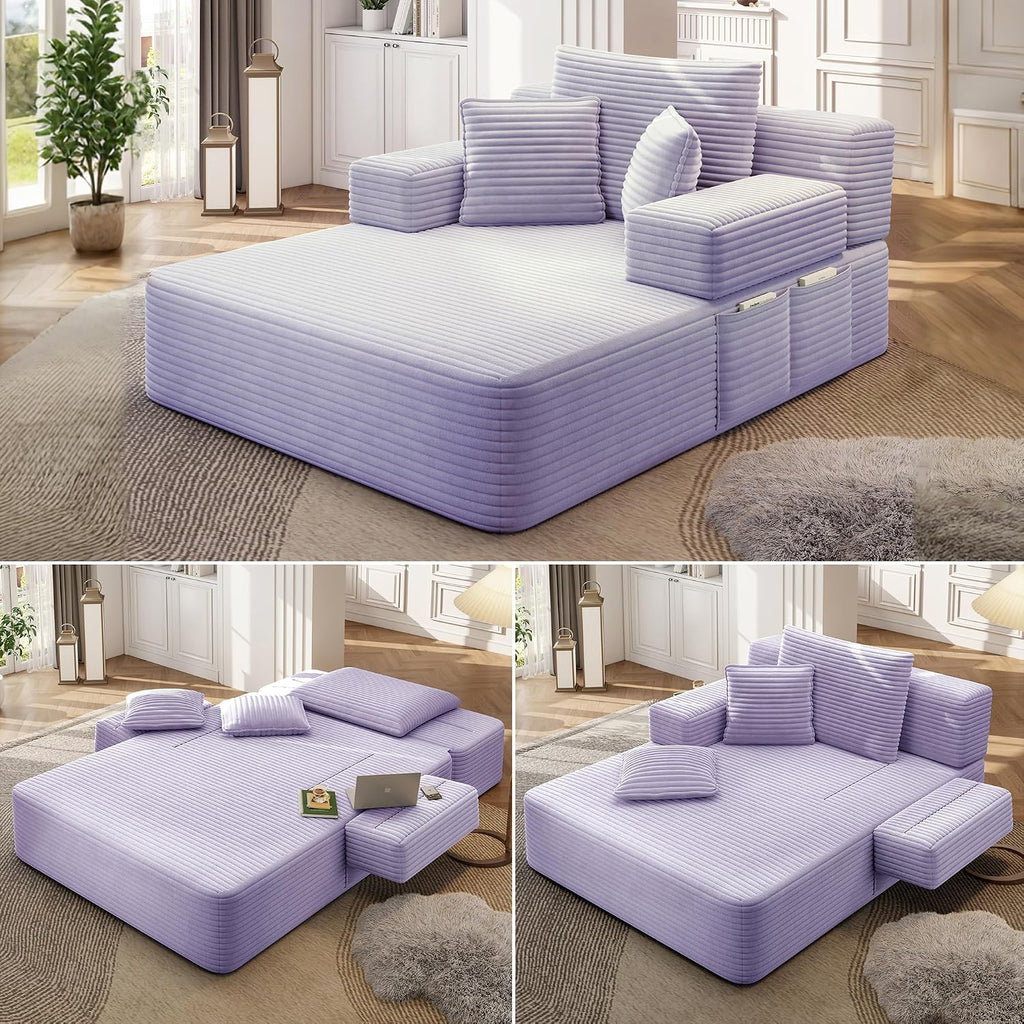 Avenix 70" Boneless Oversized Chaise Lounge Chair Indoor, Corduroy Comfy Oversized Reading Sleeper Chair Boneless Sofa Couch Bed with 3 Pillows, No Assembly Required, Purple