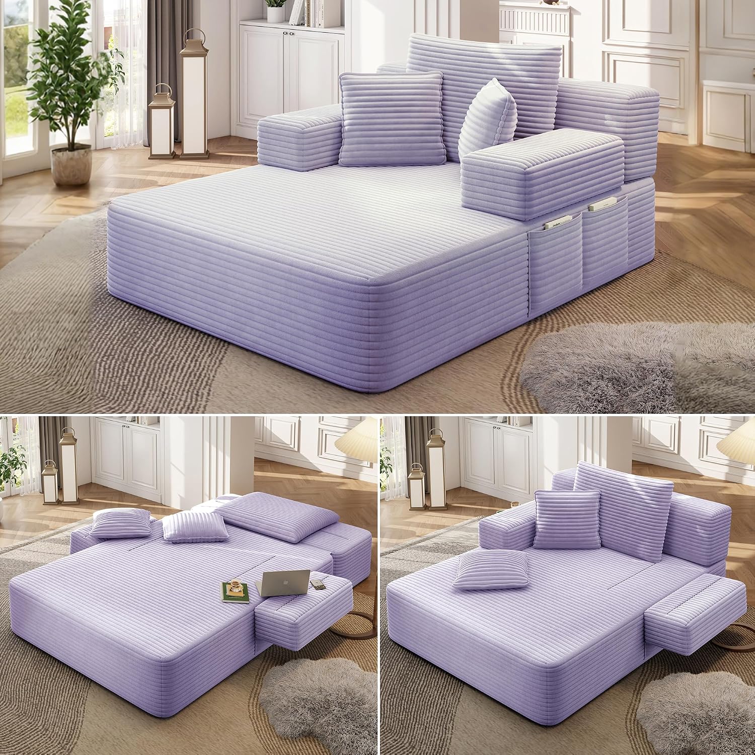 Avenix 70" Boneless Oversized Chaise Lounge Chair Indoor, Corduroy Comfy Oversized Reading Sleeper Chair Boneless Sofa Couch Bed with 3 Pillows, No Assembly Required, Purple