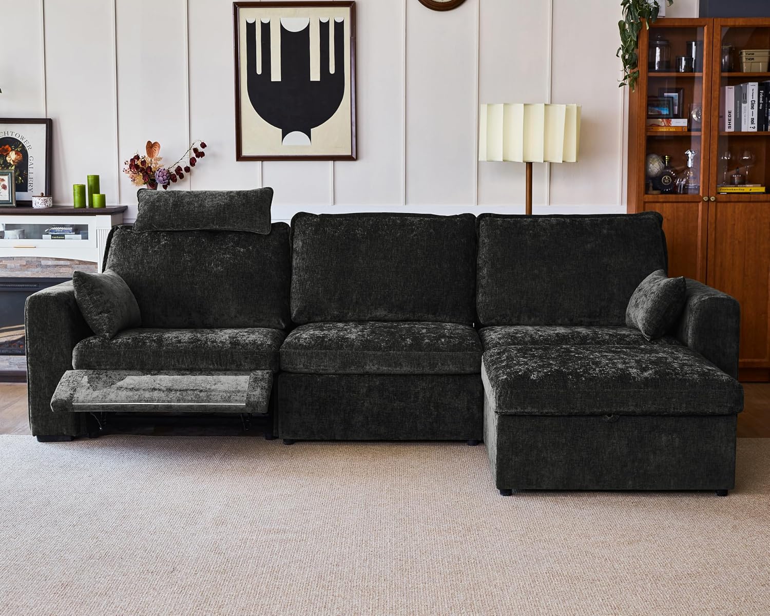 124.8'' Oversized Power Recliner Sofa with Headrest, Extra Wide Modular Cloud Sectional Reclining Couch, Convertible 4-Seater with Storage Ottoman for Home Theater Living Room, Chenille, Black