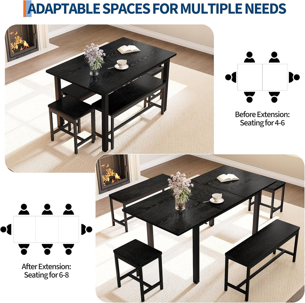GarveeHome 5 PCs Dining Table Set for 6-8 People, 63 in Extendable Kitchen Table Set with 2 Benches and 2 Square Stools, Modern Dining Room Furniture Sets, Easy Assembly, Black