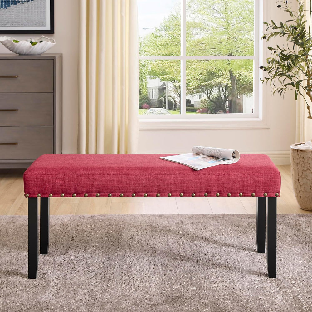Roundhill Furniture Biony Fabric Dining Bench with Nailhead Trim, Red