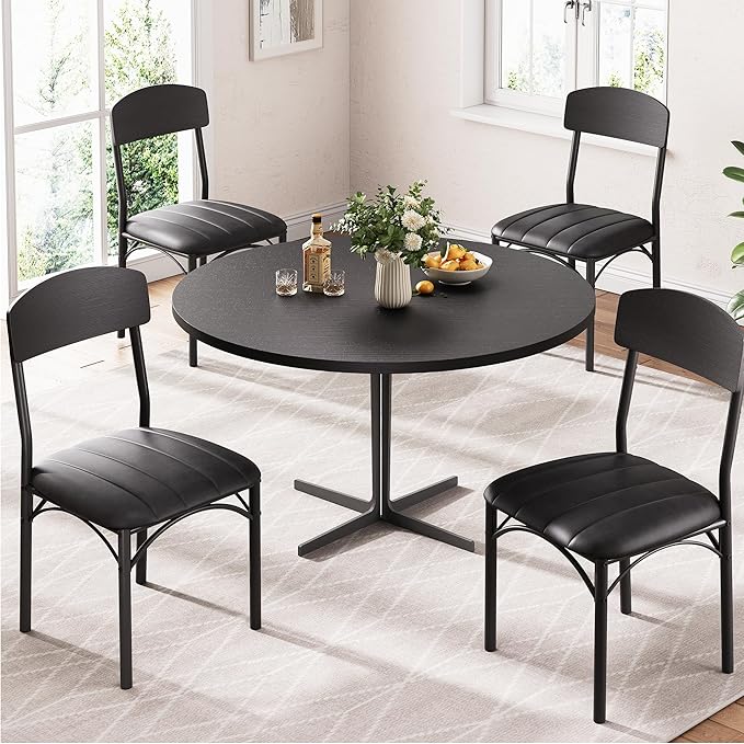 Dining Chairs Set of 4 - Upholstered Dining Room Chairs with PU Leather, Industrial Kitchen Chairs with Wooden Backrest and Thickened Metal Legs, for Dining Room, Living Room（Black）