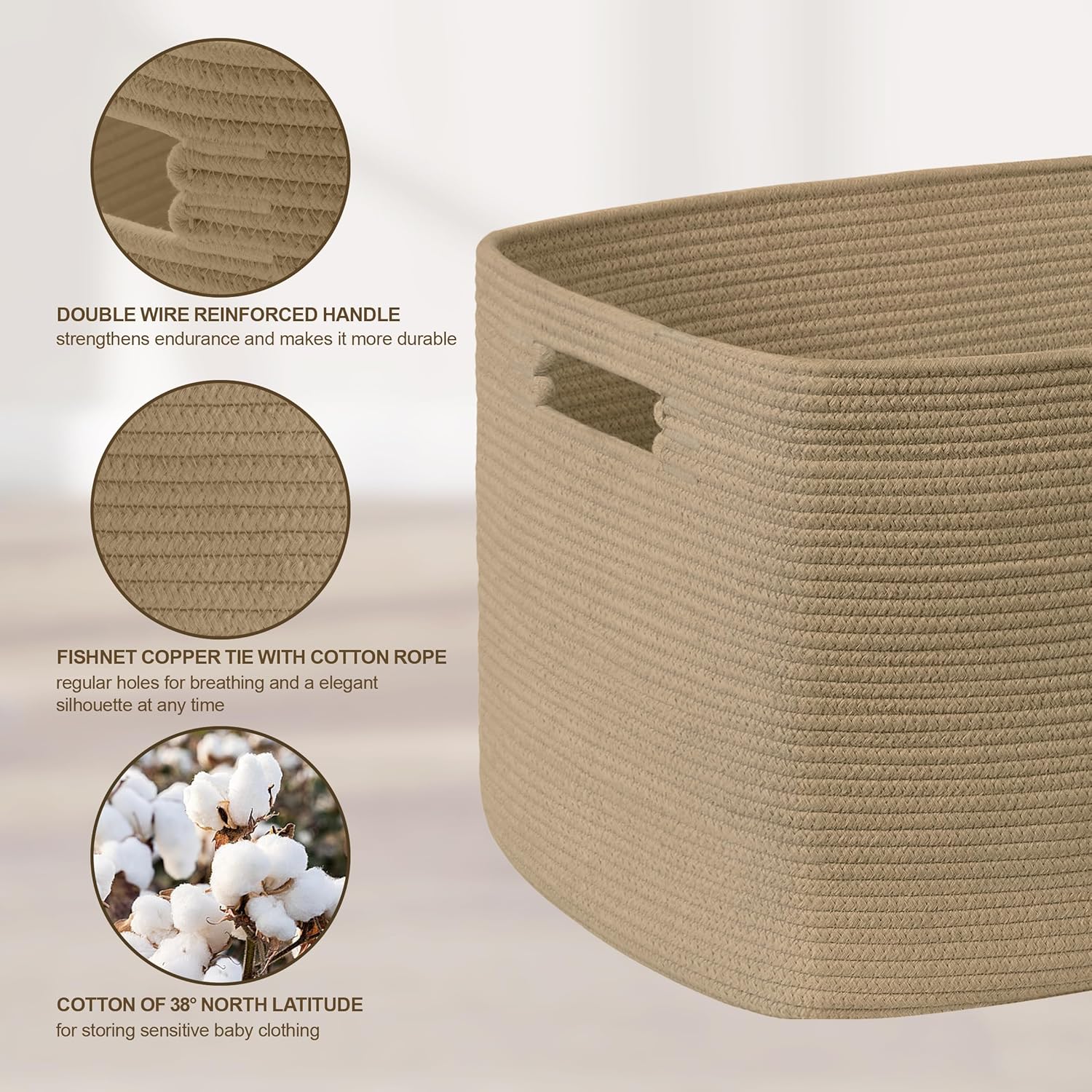 72L Large Wicker Laundry Basket for Living Room Storage,Boho Woven Cotton Rope Baskets for Kids Toy,Gifts,Square Blanket Hamper for Bedroom Dirty Clothes,Jute
