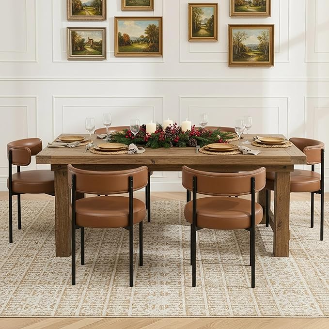 Faux Leather Dining Chairs Set of 6, Mid Century Modern Dining Room Chairs with Barrel Backrest, Upholstered Brown Kitchen Chairs for Dining Room, Restaurant