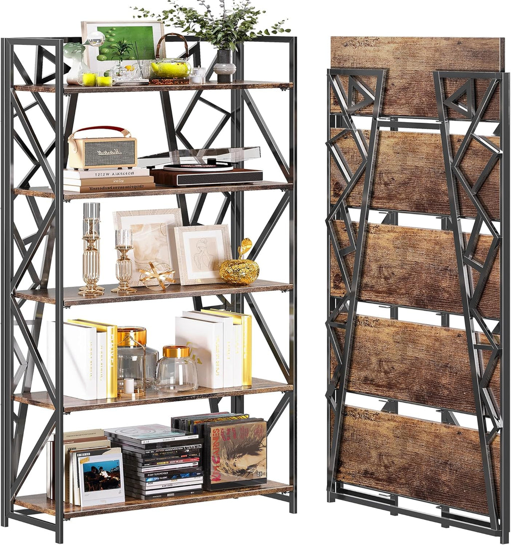 UDD No Assembly Wide Folding Bookshelf, 64.3" H x 30.9" W, 5 Tier Foldable Book Shelf Industrial Bookcase, Vintage Collapsible Storage Shelves for Home Office Living Room Bedroom, Rustic Brown Black