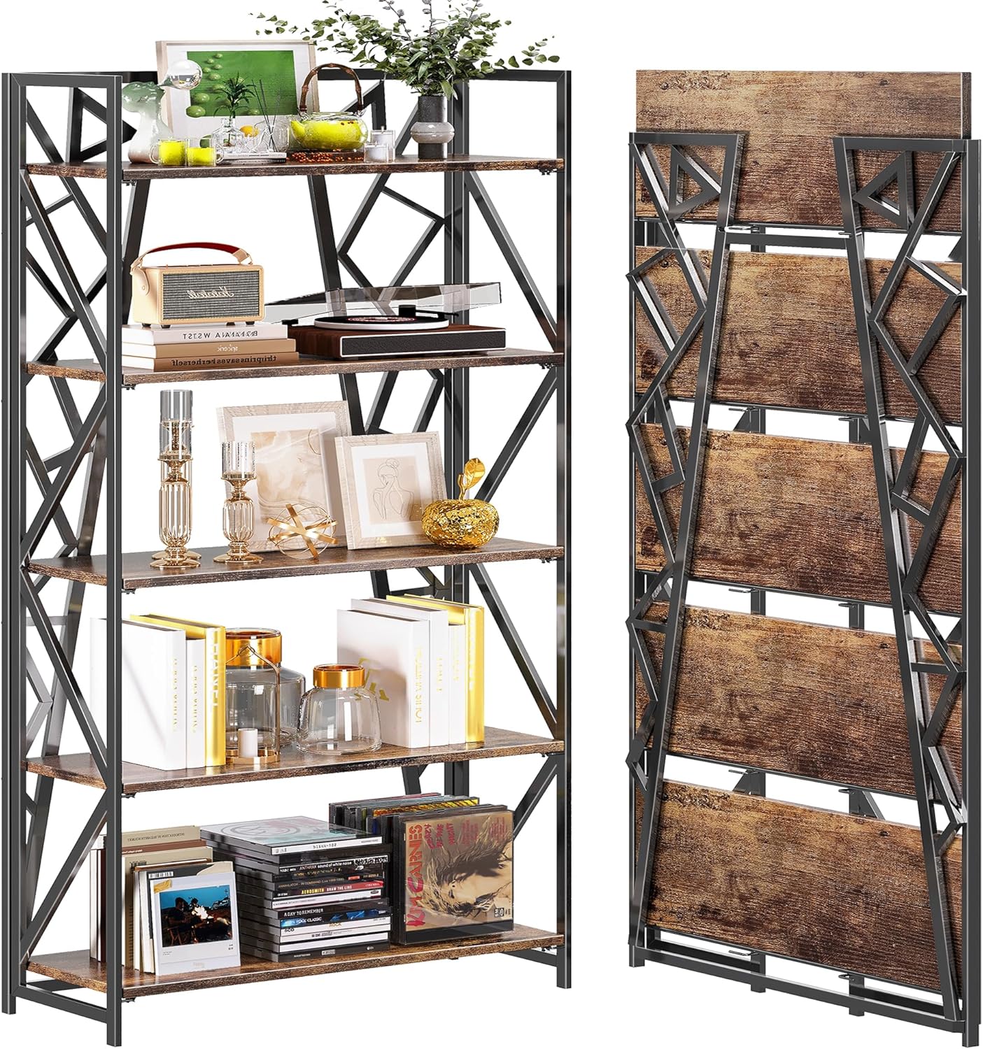 UDD No Assembly Wide Folding Bookshelf, 64.3" H x 30.9" W, 5 Tier Foldable Book Shelf Industrial Bookcase, Vintage Collapsible Storage Shelves for Home Office Living Room Bedroom, Rustic Brown Black