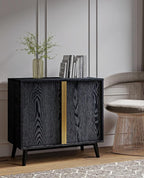 Sango Cortland 2-Door Accent Cabinet, Sleek Black Storage Cabinet with Brass Handles, Adjustable Shelf, Minimalist Mid-Century Modern Design, Stylish & Functional Furniture for Living or Dining Room