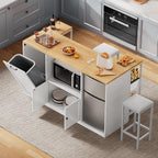 Kitchen Island with Seating, 67" Large Island Table with Trash | Bin for Dining Room, Kitchen Island on Wheels with Power Outlet & Open Shelves, Storage with Small Fridge Organization, White