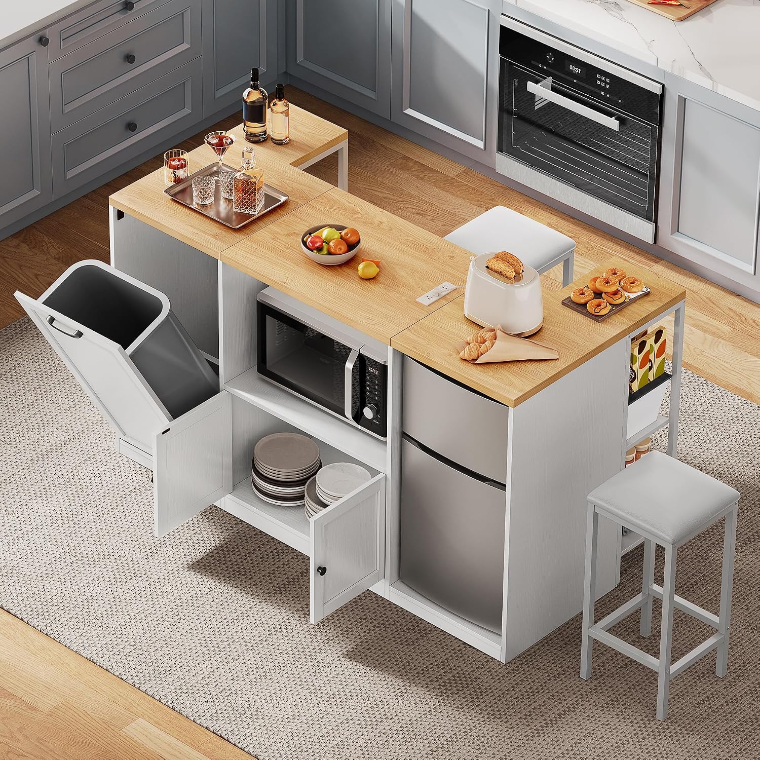 Kitchen Island with Seating, 67" Large Island Table with Trash | Bin for Dining Room, Kitchen Island on Wheels with Power Outlet & Open Shelves, Storage with Small Fridge Organization, White