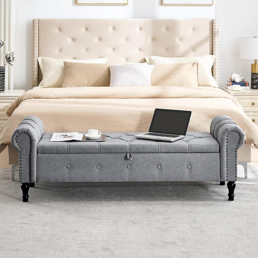 Storage Bench 67" Linen End of Bed Benches Grey | King Size Storage Benc...