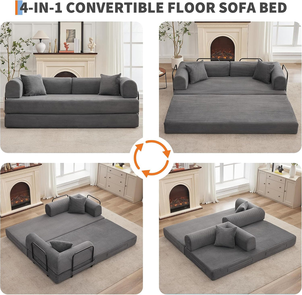 IDEALHOUSE 79" Convertible Futon Sofa Bed, Boneless Couch for Living Room | Folding Corduroy Sleeper Sofa, Modular Pull Out Couch with Pillows, Loveseat,No Assembly | Gray