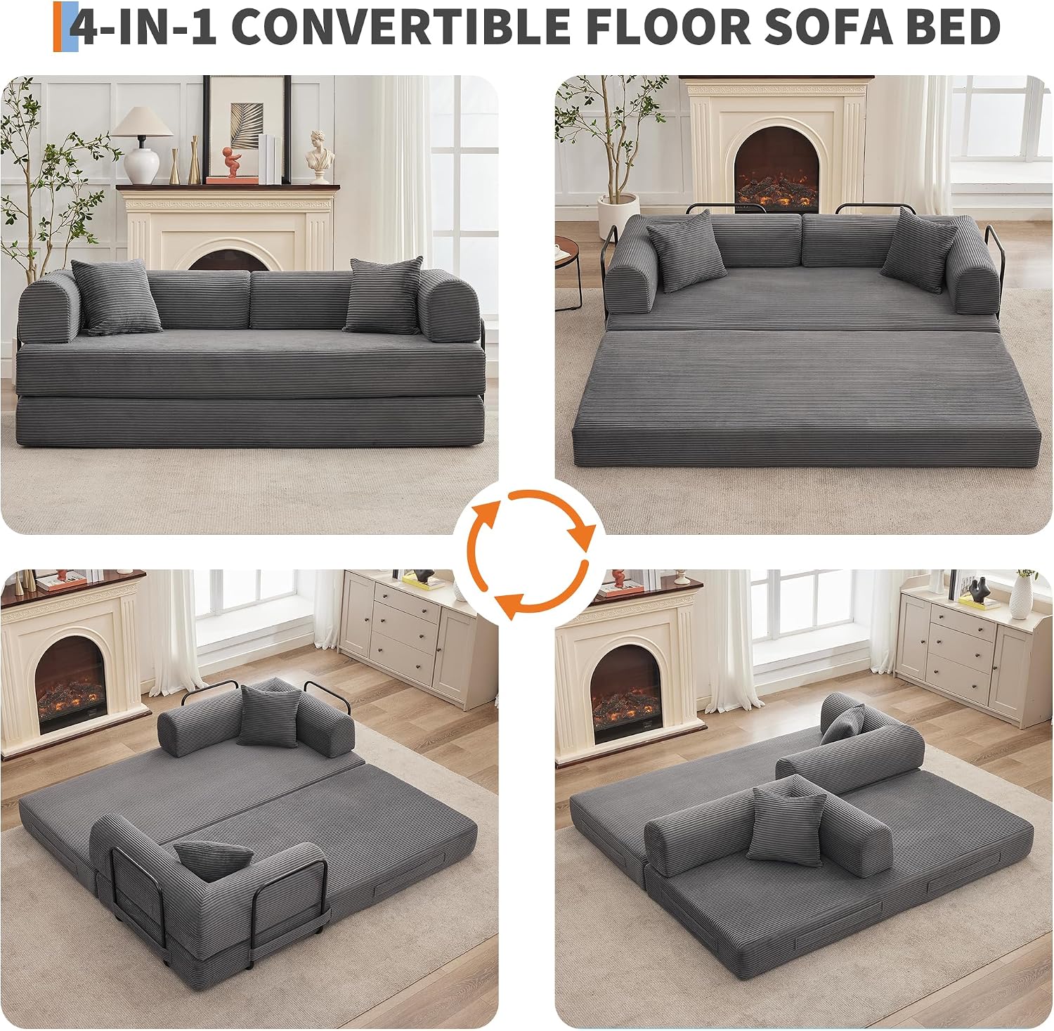 IDEALHOUSE 79" Convertible Futon Sofa Bed, Boneless Couch for Living Room | Folding Corduroy Sleeper Sofa, Modular Pull Out Couch with Pillows, Loveseat,No Assembly | Gray