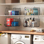4" Extra Deeper Hanging Closet Organizers and Storage,4 Tier Foldable Wire Cabinet Shelves with 5 S Hooks,Small Metal Basket Bins for Clothes Sweaters Handbags, Wardrobe for Kitchen Laundry Room，Black