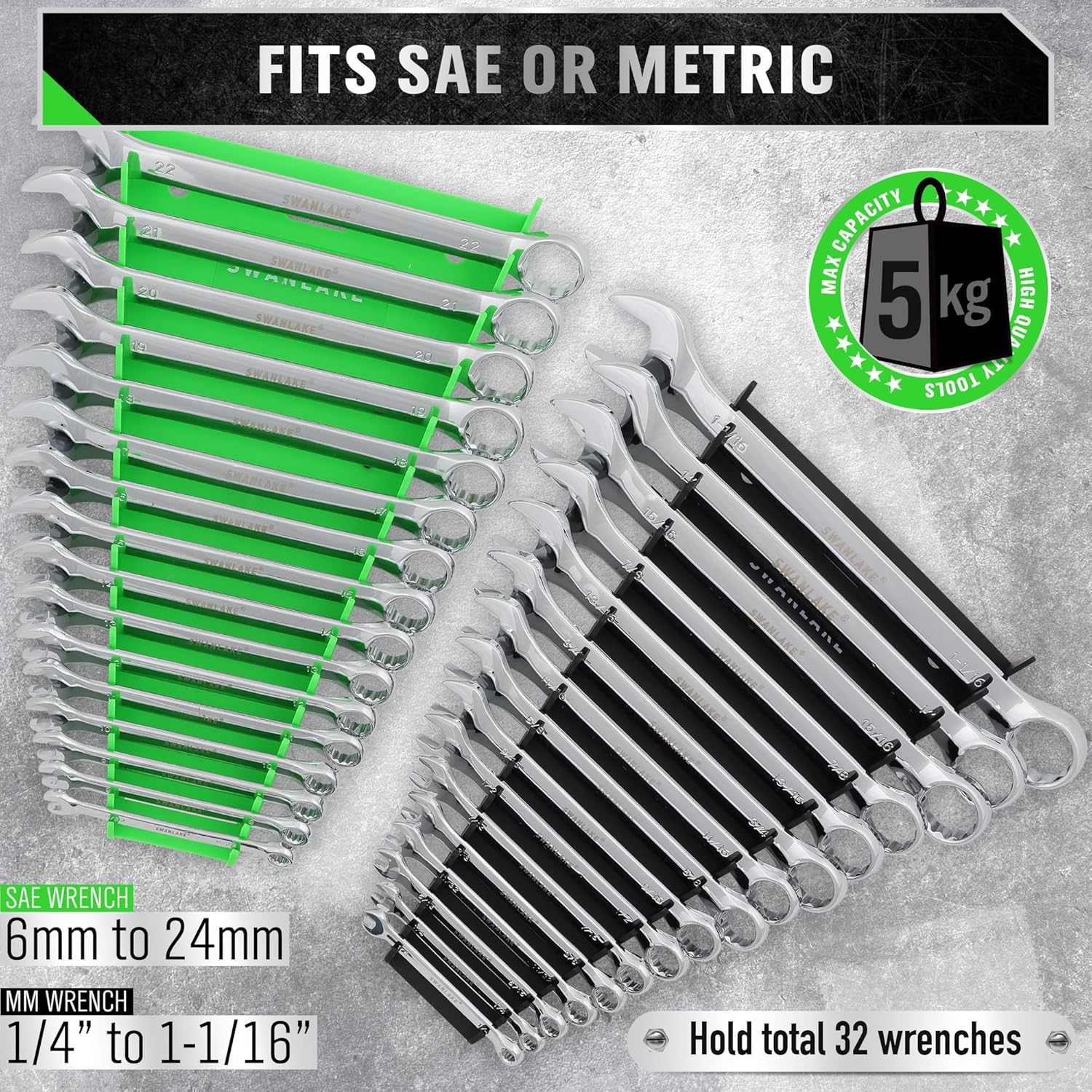 Magnetic Wrench Organizer 4-piece, Wrench Rack Tool Trays SAE (1/4" to 1-1/16"), Metric (6mm to 24mm), 64-Slot Drawer Storage Tools, Wrench Set Holder