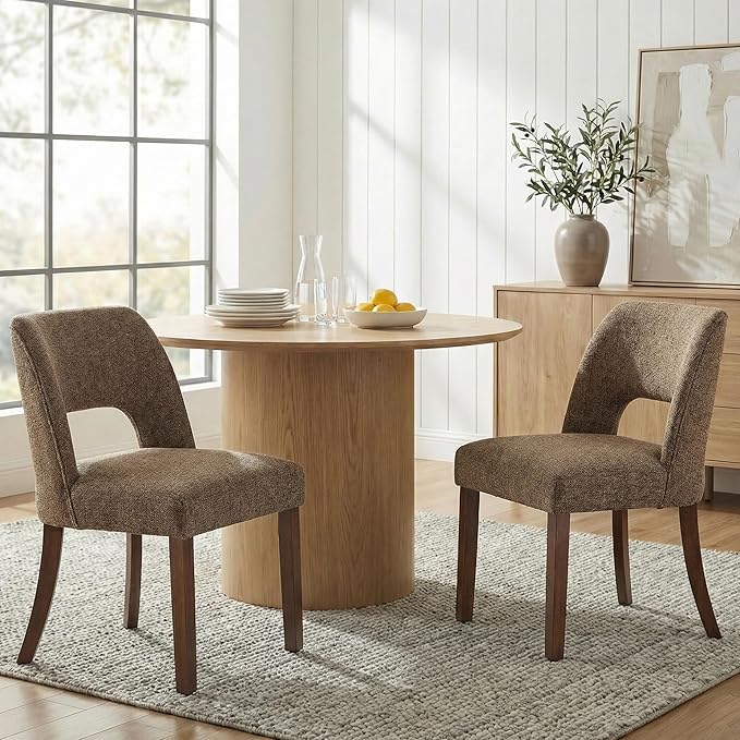 keoni Wooden Dining Chairs Set of 2, Mid Century Modern Upholstered Dining Room Chairs with Rubberwood Legs, Fabric Farmhouse Kitchen Chairs with Foot Pegs for Dining Room, Dark Brown