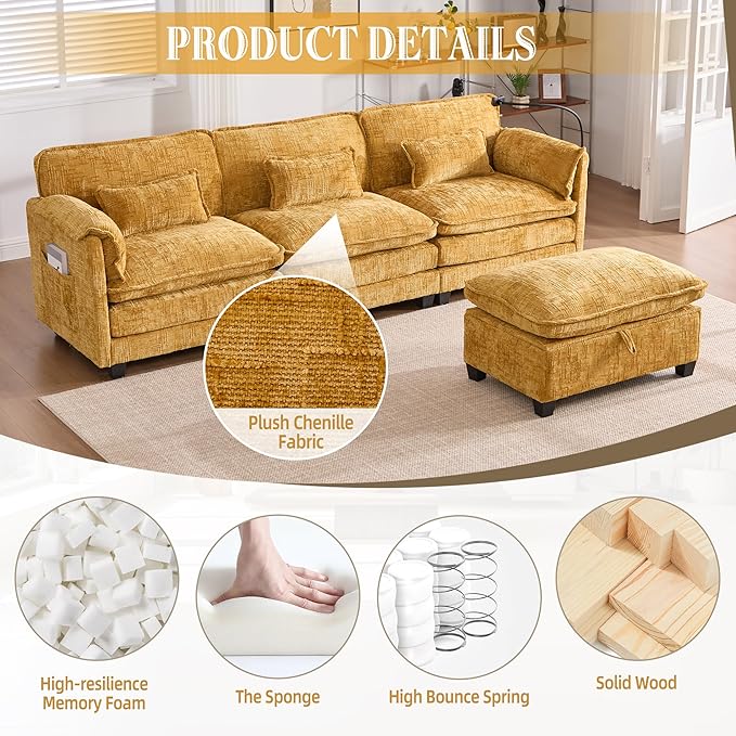 Ball & Cast Modular L Shaped Sectional Sofa,Comfy Cloud Couch W/Movable Storage Ottoman,4 Seater Sectional Sofa W/USB Charging Port,Phone Holder&Side Pocke,Chenille Fabric,for Living Room,Yellow,109"