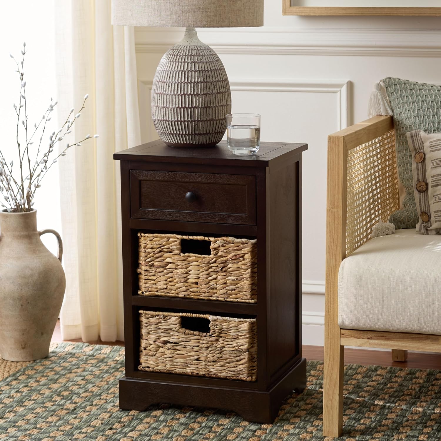 SAFAVIEH Furniture - Carrie 3-Shelf Side Table - Dark Chocolate - Solid Wood - Farmhouse Tiered Design - Ideal for Living Room, Entryway, Home Office, 16"W x 13"D x 26"H - Fully Assembled (AMH5700H)