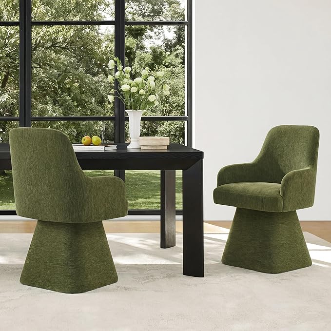 Swivel Dining Chairs Set of 4, Mid Century Modern Chairs Fabric Upholstered Armchair with Armrest & Ergonomic Backrest for Dining Room, Kitchen, Bedroom, Living Room, Green, 4 Boxs