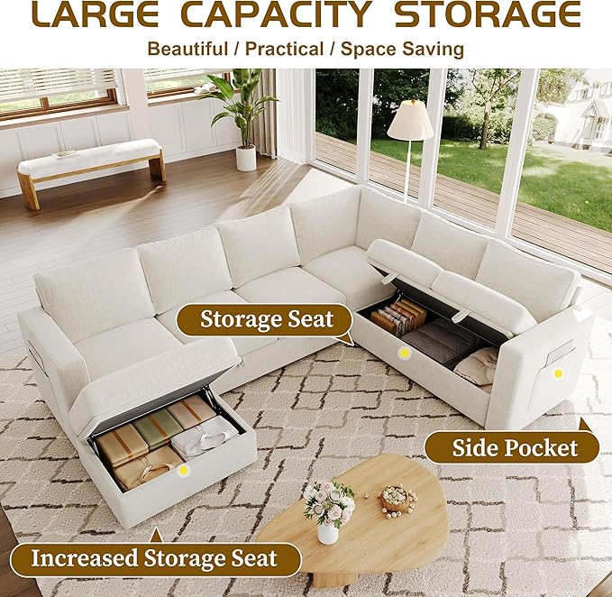 106.7" Sectional Sleeper Sofa with Pull Out Couch, Modern 7 Seat U Shaped Modular Couch, Sectionals Modular Sofa with Storage, Comfy Sectional Couches for Living Room & Apartment, Light Beige