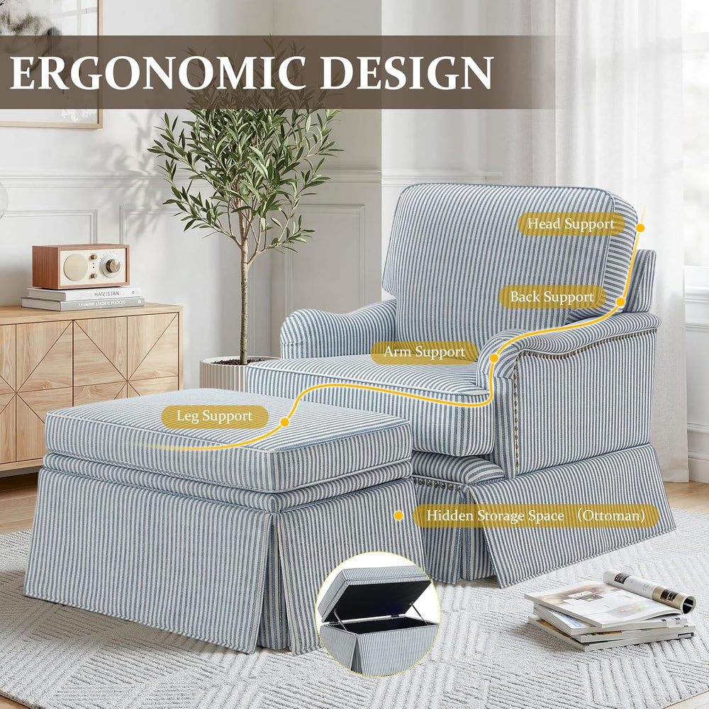 Swivel Accent Chair with Ottoman, Pinstripe Blue