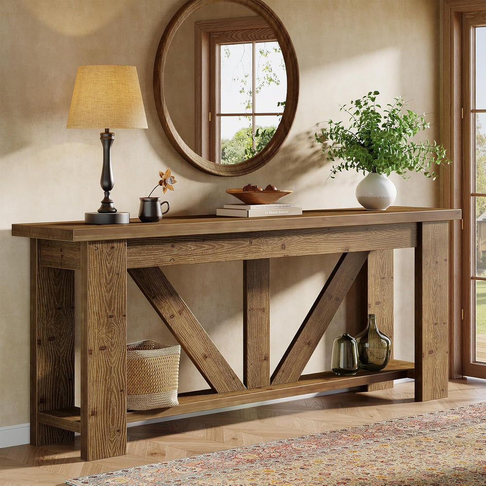 Solid Wood Sofa Table, 70.9 Inches Extra Long Console Table with 2 Tiers Stor...
