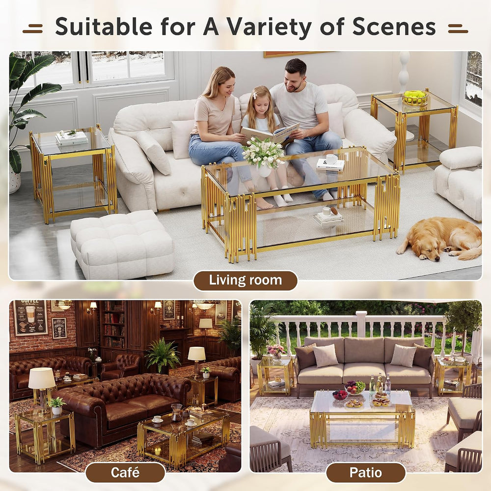 Luxury Gold Square Glass End Table, 19.7" Modern Side Table with Stainle...