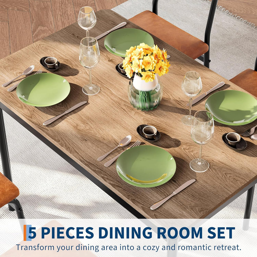 Garvee Dining Table Set for 4, 5 Piece Wooden Dining Table and Chairs, 4 PU U...