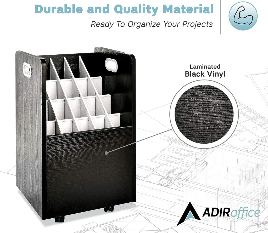 AdirOffice Adir Blue Print Storage Organizer - Mobile Roll File Cart, Construction Plan Holders, Blueprint Cabinet with Wheels, Roll Files Storage for Office and Home (20 Slots, Black)